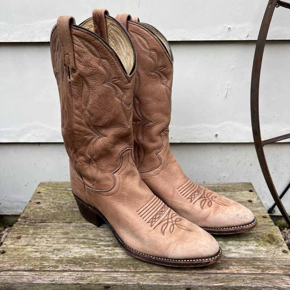 Vintage Dan Post Boots Beige Leather Cowboy Pointed Toe 6557 Mens 10 1/2 B